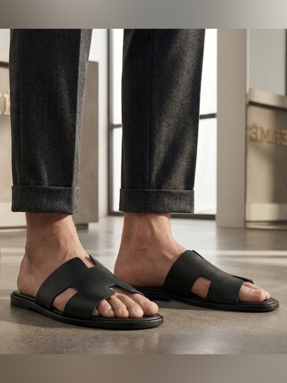 Men's Black Slide Sandals - Minimal Leather Slip-Ons